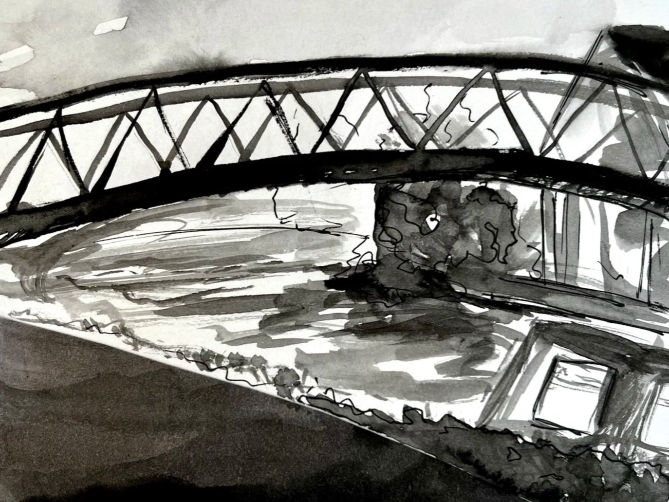 Black and white watercolor painting of a bridge over a river with trees in the background.