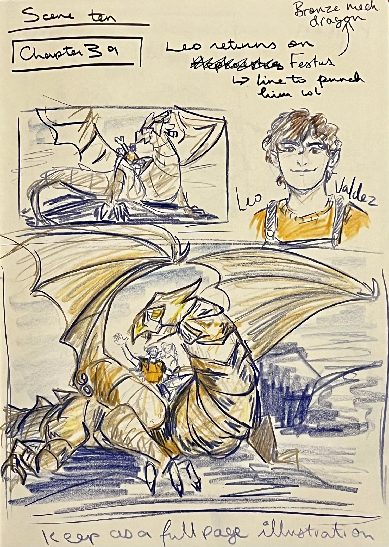 A sketchbook page with handwritten notes and sketches. There are dragons, a person with glasses, and a small dragon, all drawn. The notes reference "Scene ten," "Chapter 3 or," mention a character named Leo returning on a bronzed dragon, and describe