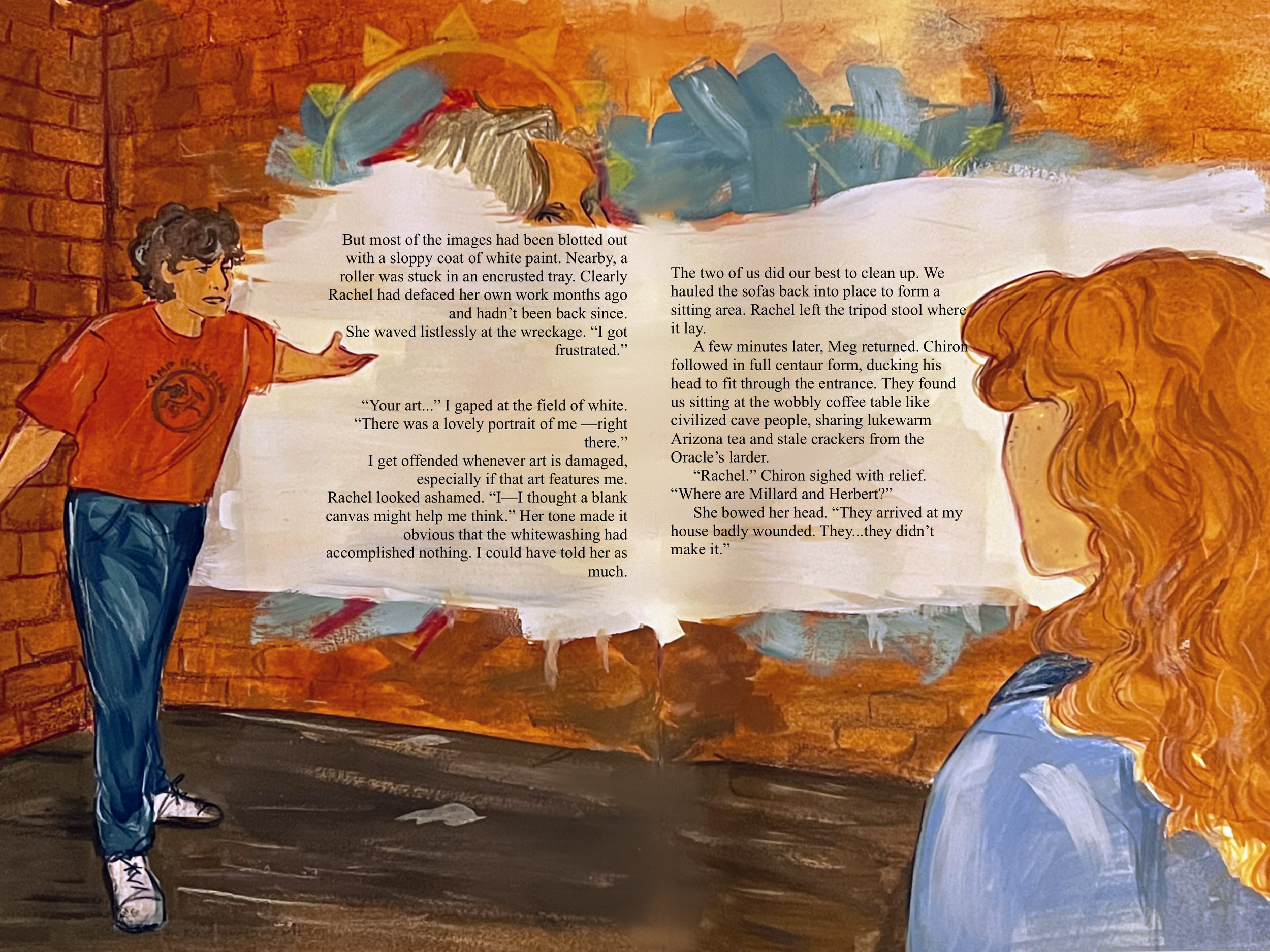 Gouache illustration of two people, one pointing at a brick wall that has white paint painted over a mural. The other in the foreground looking at the other person.