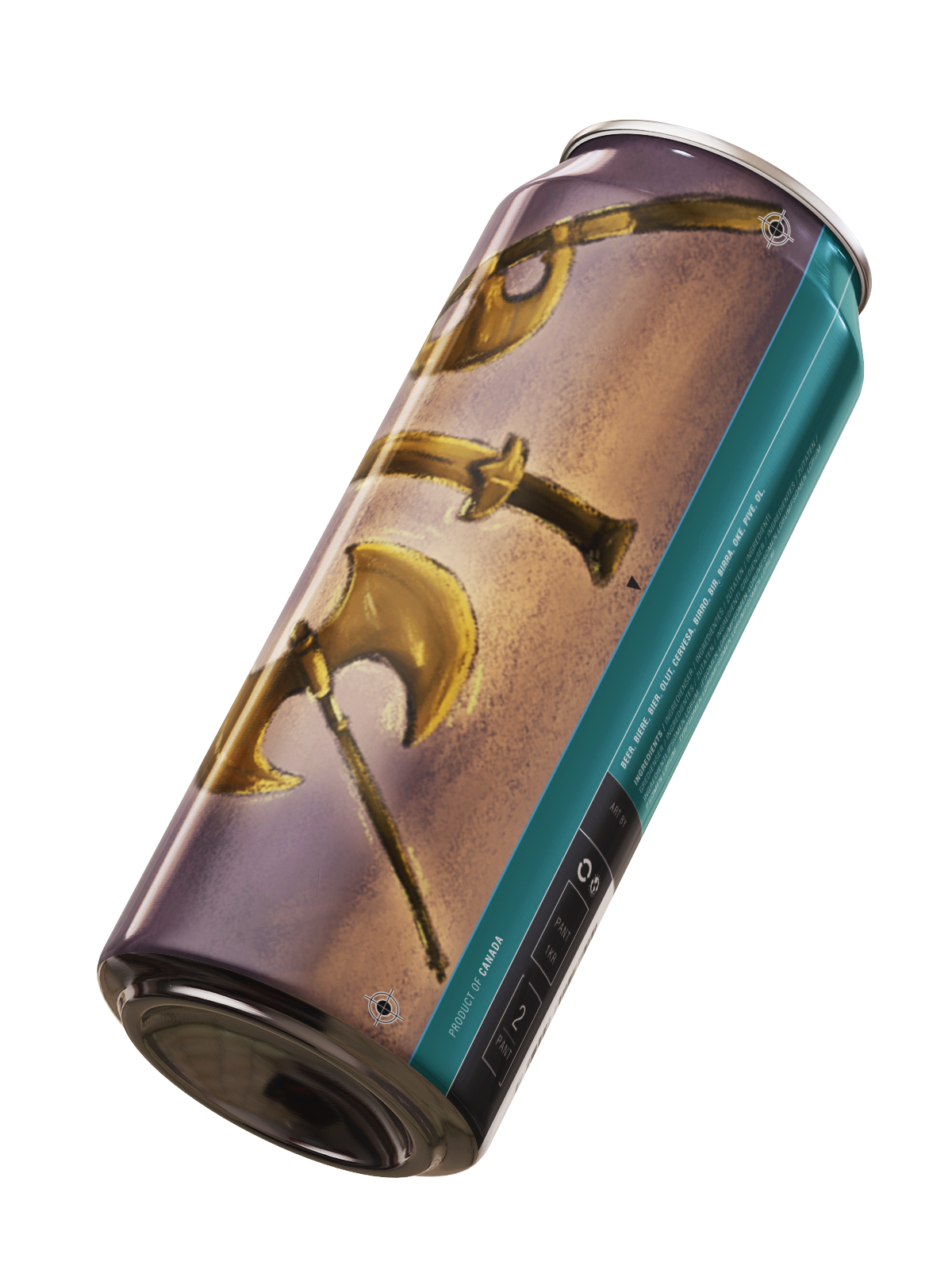 A tall canned beverage with a design featuring gold question marks on a background with earth tones and a teal strip with white text.