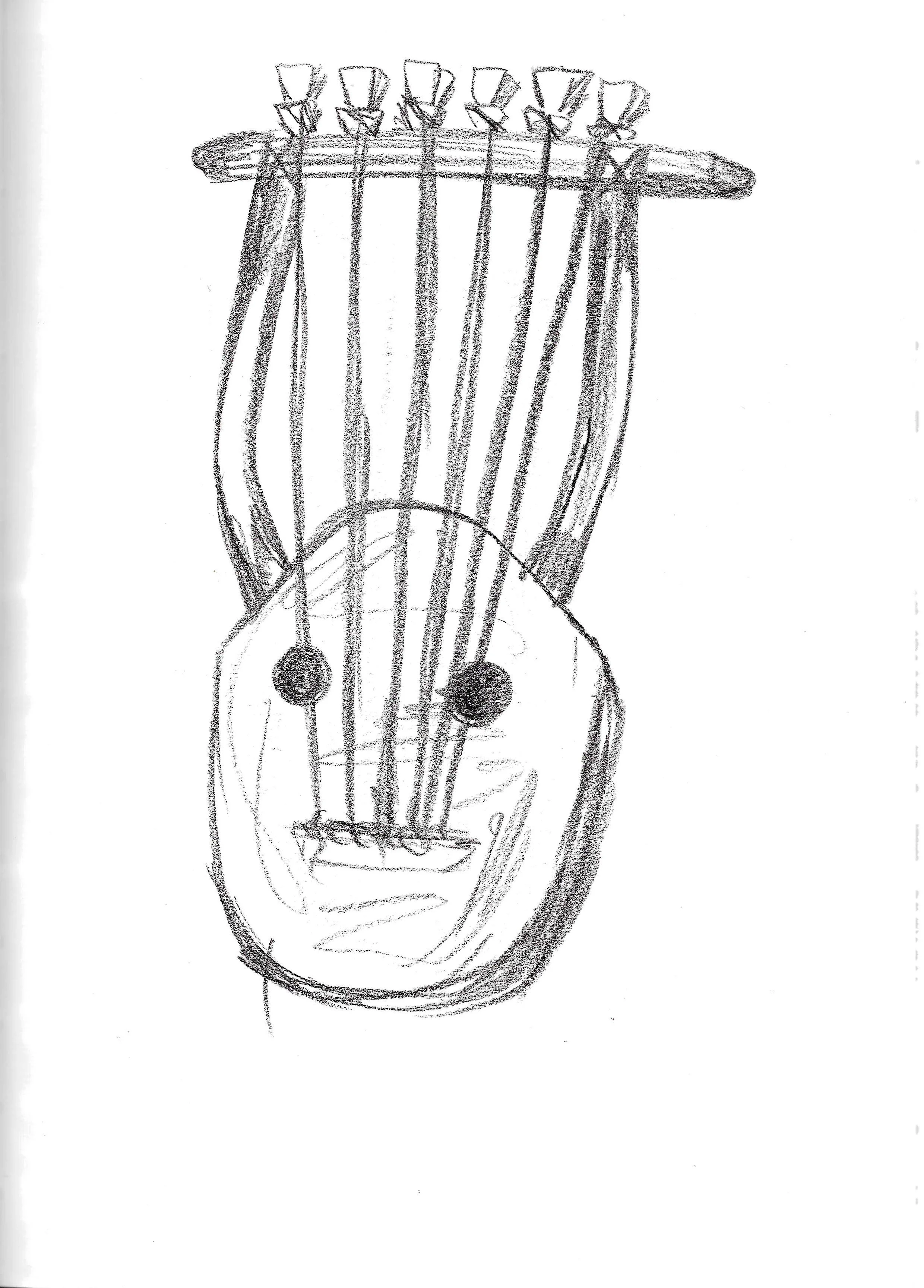 A hand-drawn sketch of a lyre with six tuning pegs at the top, strings running down the fretboard, and sound holes near the bottom.