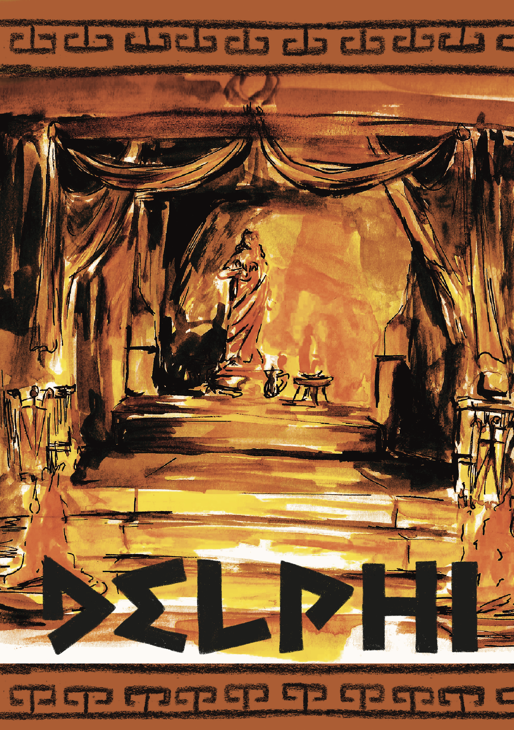 A watercolour illustration of the inner sanctum of The Temple of Apollo in Delphi, decorated with frilled drapes and a tiled border at the top and bottom, and the word 'DELPHI' in a Ancient Greek style font.