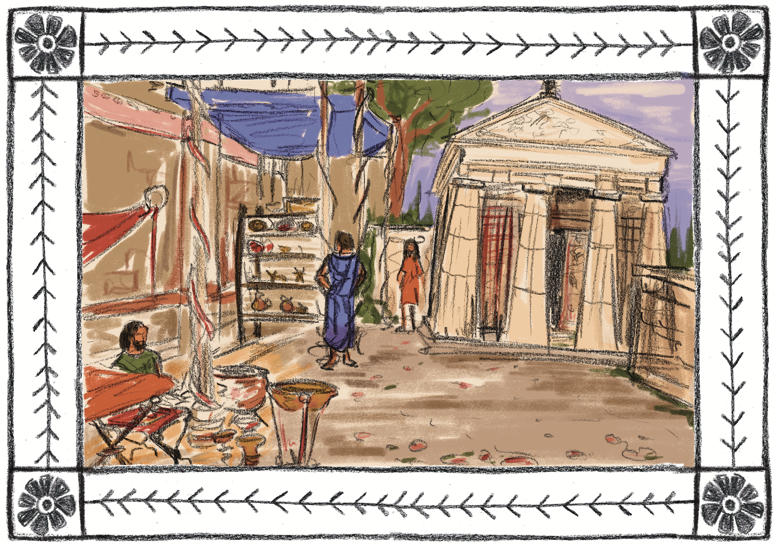 A colorful sketch of Classical Greece with a shrine on the right, several trees, and people walking around, seen through a decorative border.