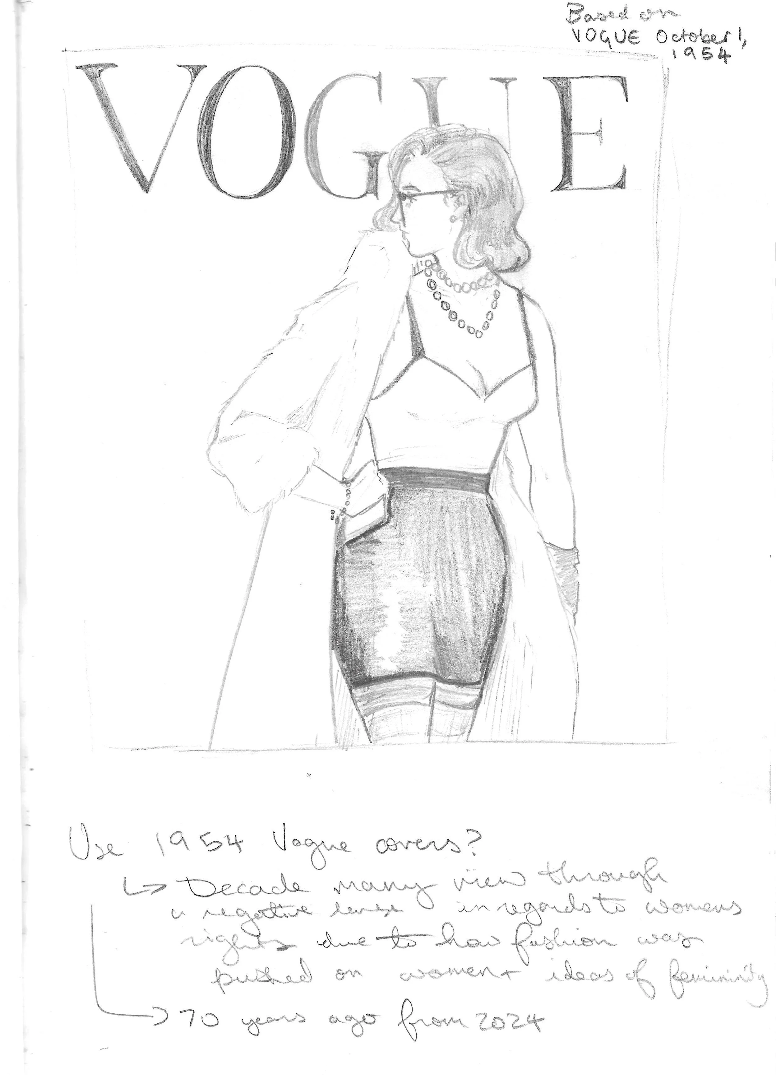 A pencil sketch of a woman in vintage attire, including a dress, necklace, and glasses, standing in front of a large 'VOGUE' magazine logo. Handwritten notes on the sketch mention 'VOGUE October 1954' and notes about fashion and women's ideas of femi