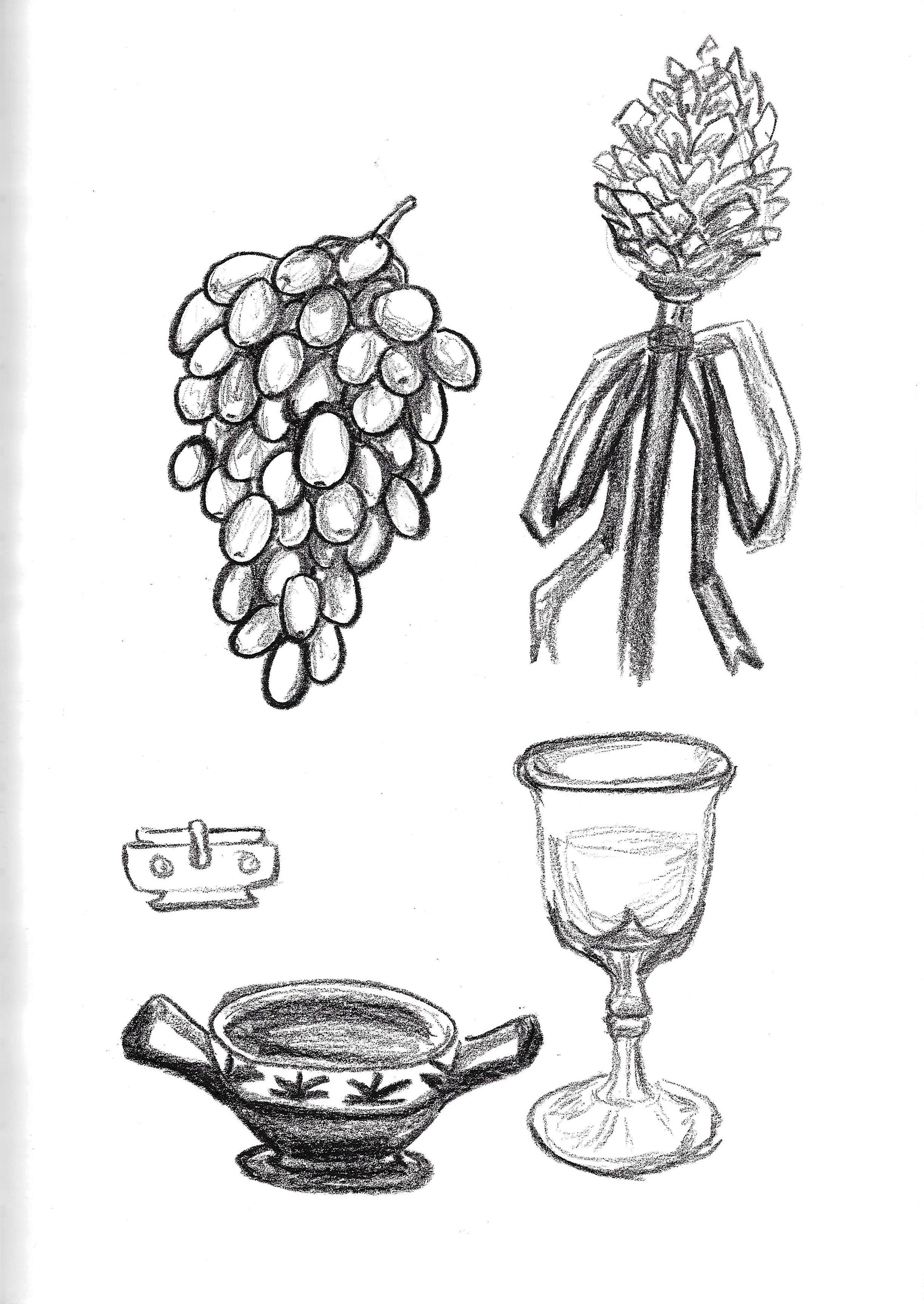 A sketch of grapes, a pine cone, a cup with liquid, a glass of wine, a small box, and a decorative bowl.