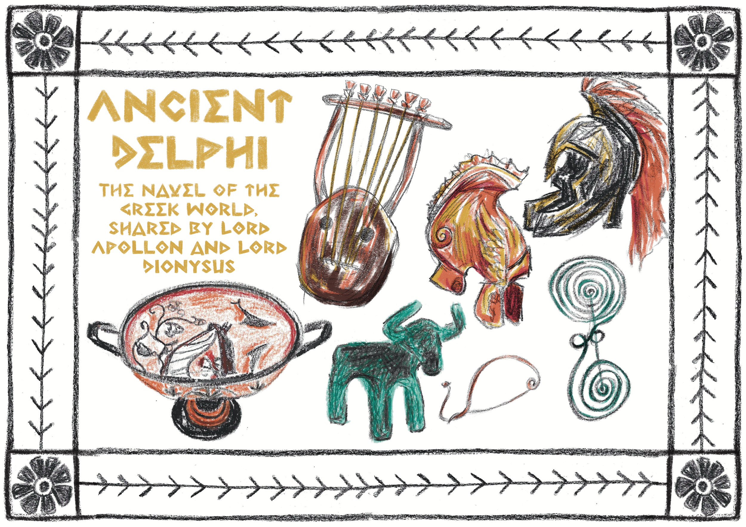 A hand-drawn Illustration of ancient Greek items and symbols, including a lyre, a chariot, a checkered shield, a helmet with a red crest, a pot with figures, and various abstract designs, with a border adorned with flowers and leaves.