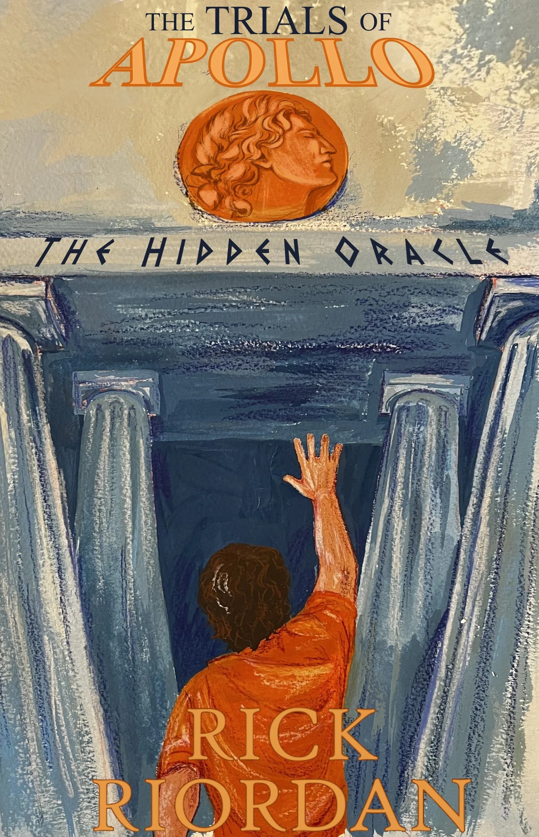 Book cover titled 'The Trials of Apollo: The Hidden Oracle' by Rick Riordan. The cover features a person with dark brown curly hair in an orange shirt reaching towards a pair of large stone Greek-style columns with a blue background.
