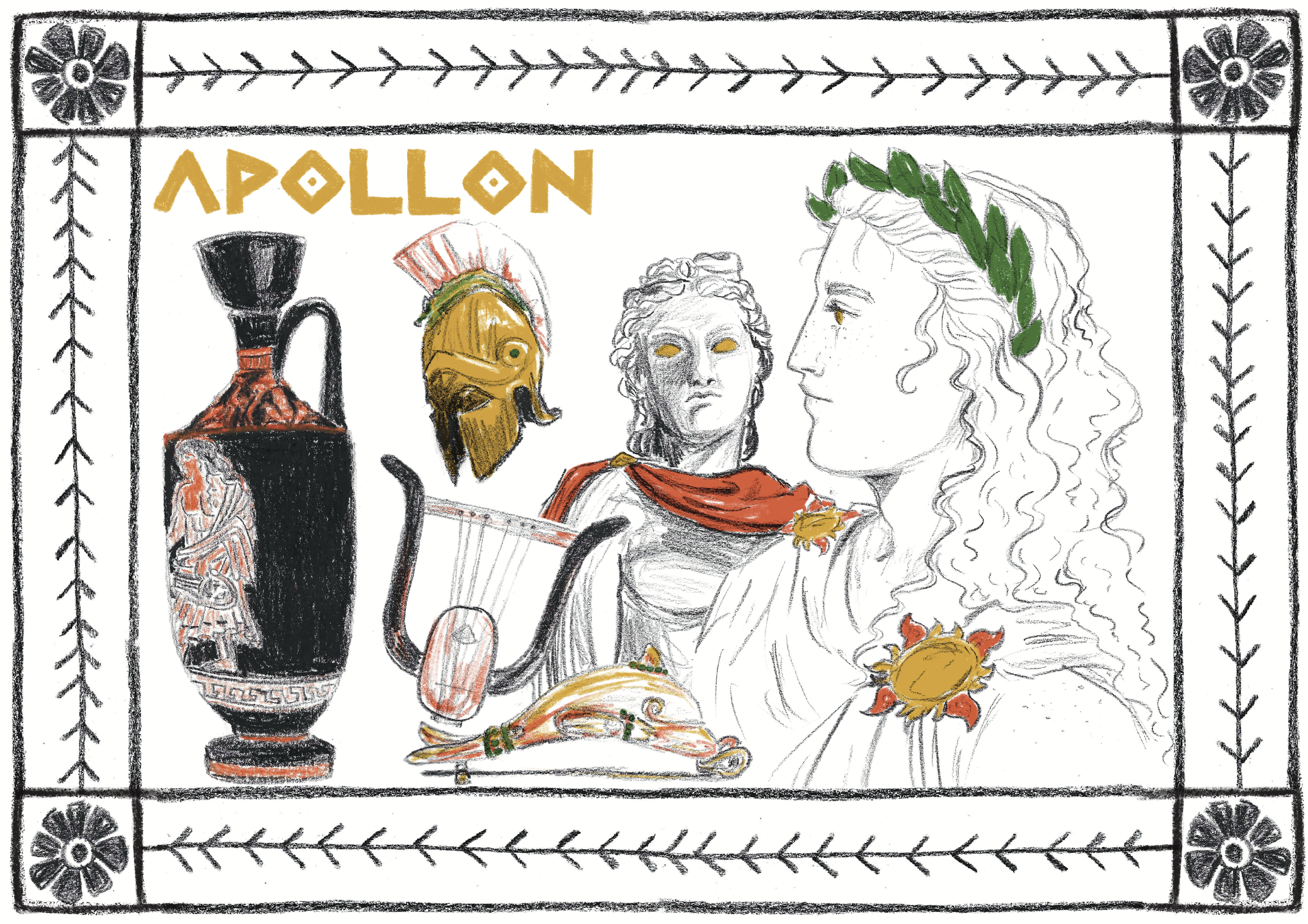 Illustration of ancient Greek gods and artifacts, including a helmet, a vase with patterns, and mythological figures with laurel wreaths, framed by decorative borders with flowers and vine motifs.