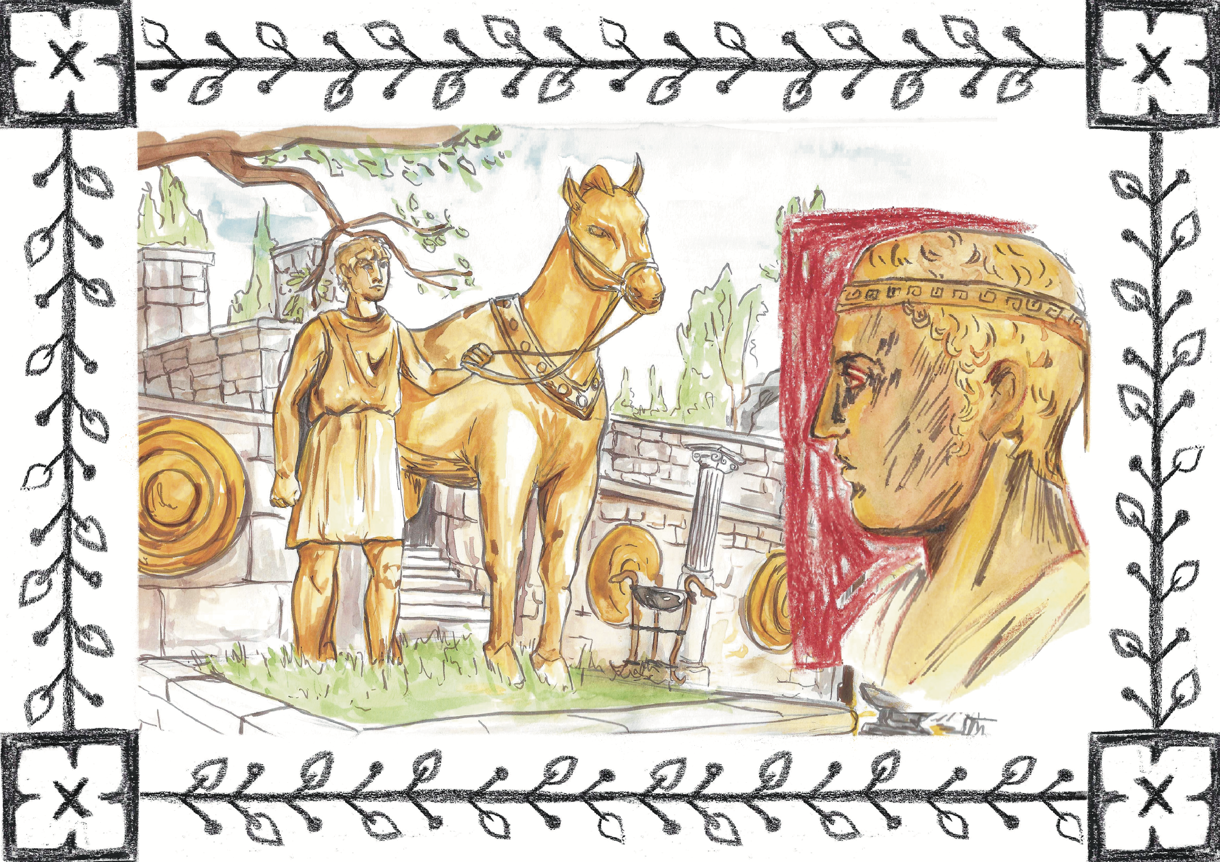Watercolour illustration of the Delphi Charioteers' head from the side and a bronze statue of a man leading a horse. 