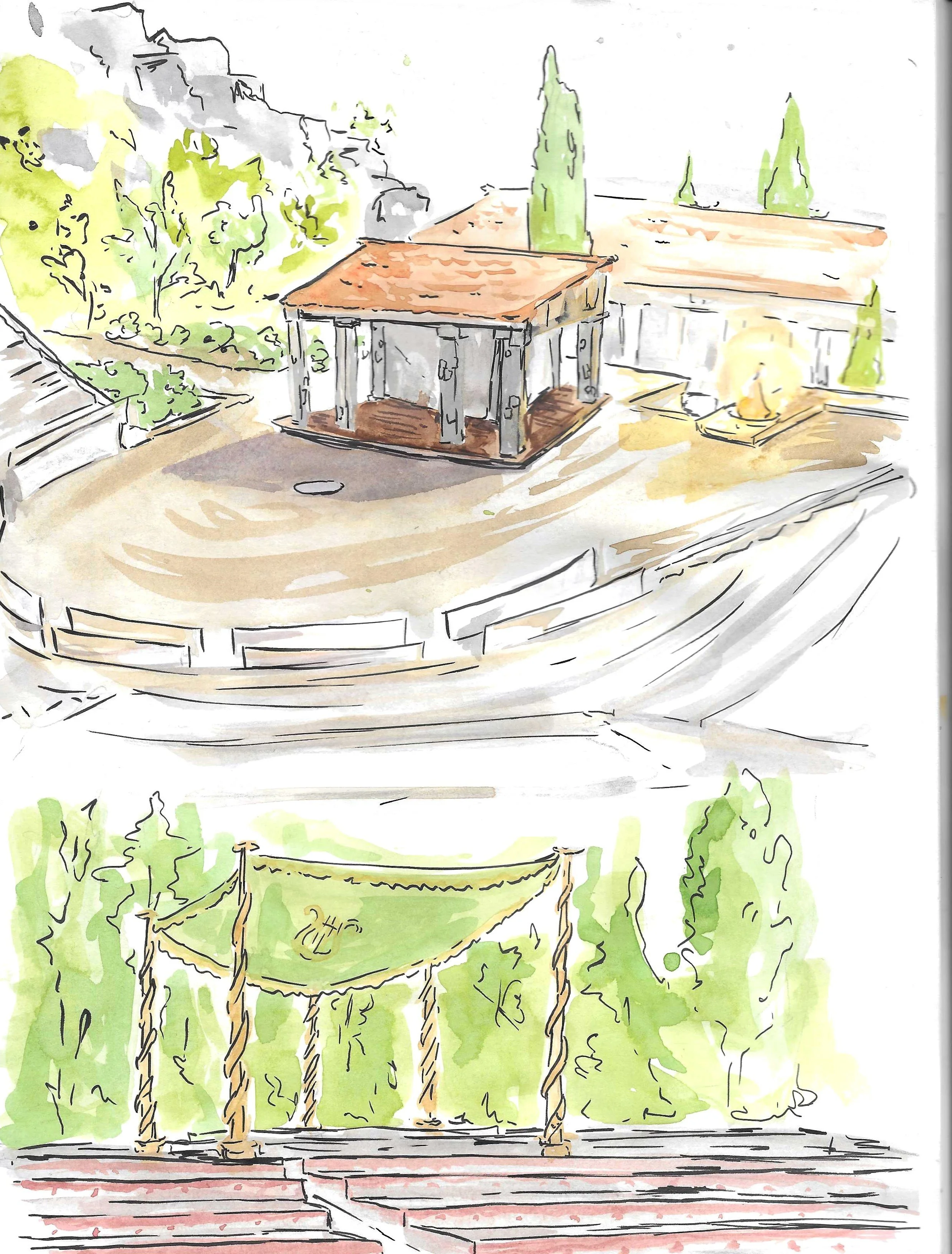 A watercolour sketch of the Theatre at Delphi, which is a small outdoor stage with a wooden roof, surrounded by tall trees and bushes, with steps leading up to it.