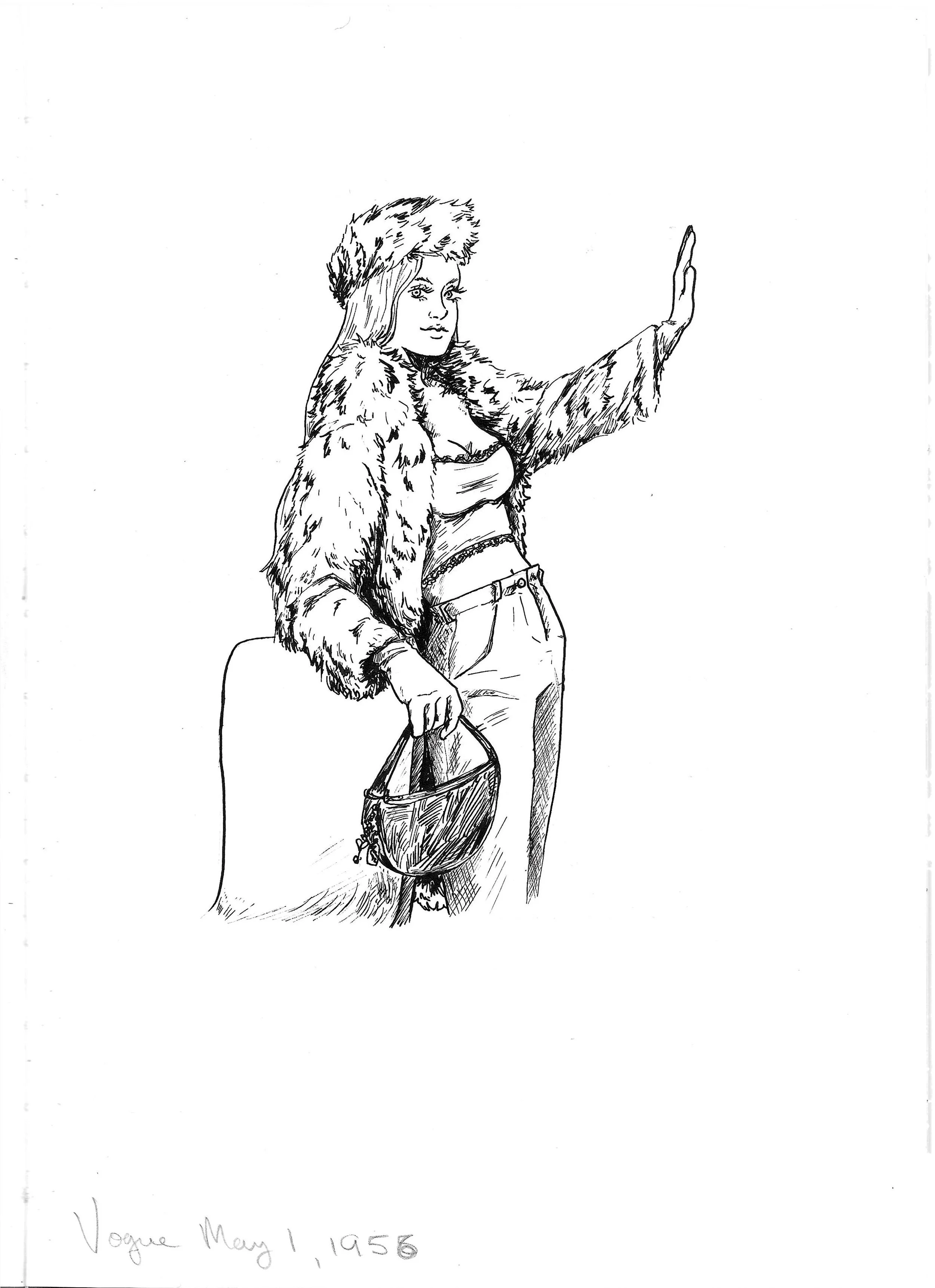 A black-and-white line drawing of a woman in a fur coat and hat, holding a handbag, with her hand raised in a gesture. Handwritten text at the bottom reads "Vogue May 1, 1956."