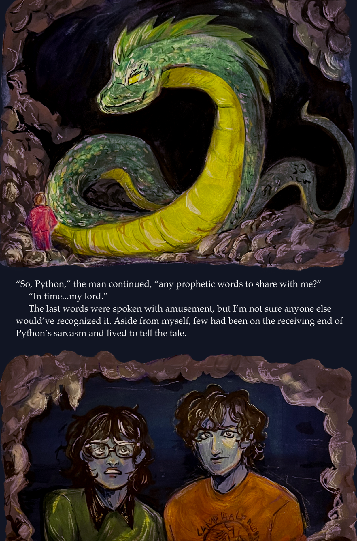A painting of a large green and yellow snake, mythological Python, with a mischievous expression, partially coiled around a scene showing two people with worried expressions, set against a dark background with rocky borders.