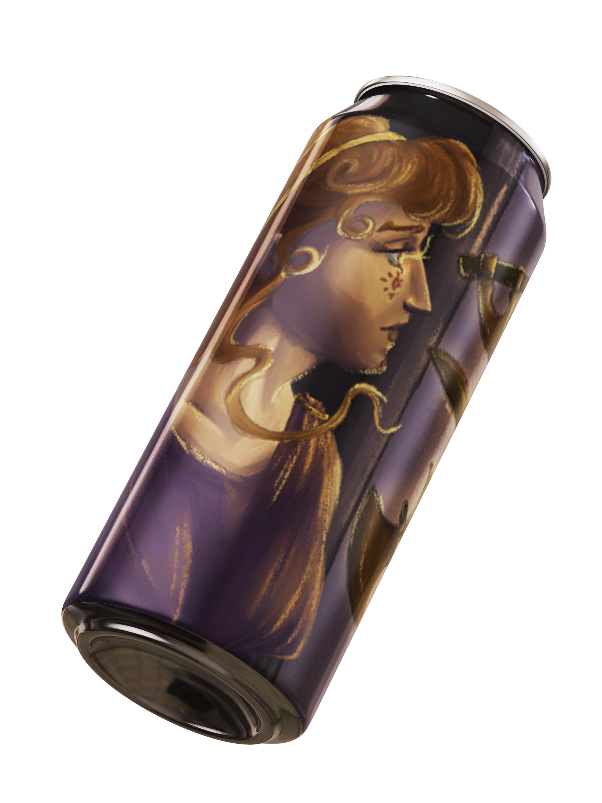 A tall, beer can with a painted portrait of a woman with wavy ginger hair, closed eyes, and a calm expression, set against a dark and purple background.