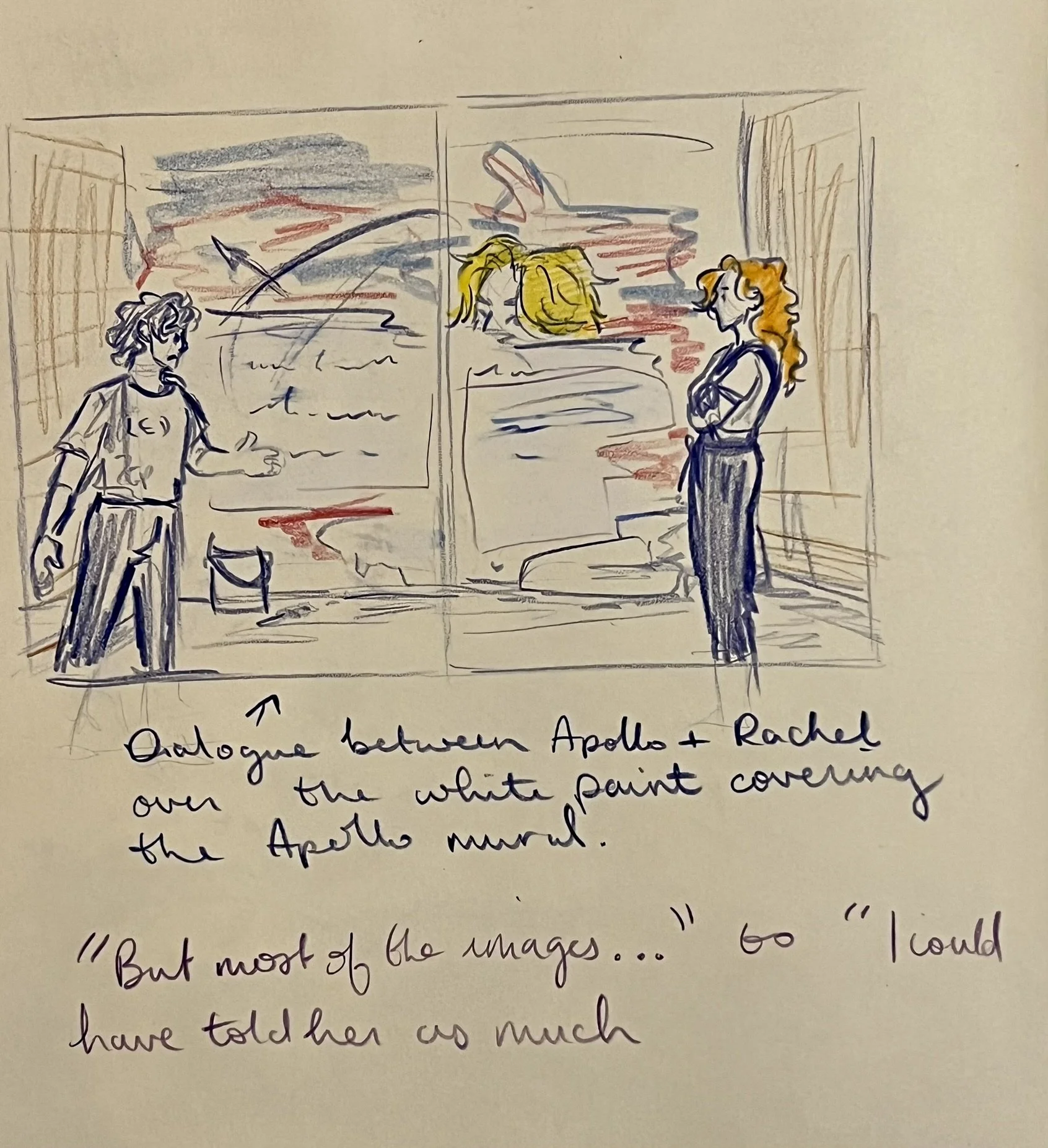 Hand-drawn sketch of a mural depicting an Apollo mission scene with a figure of a man on the left and a woman on the right, with coloured details and handwritten notes below.