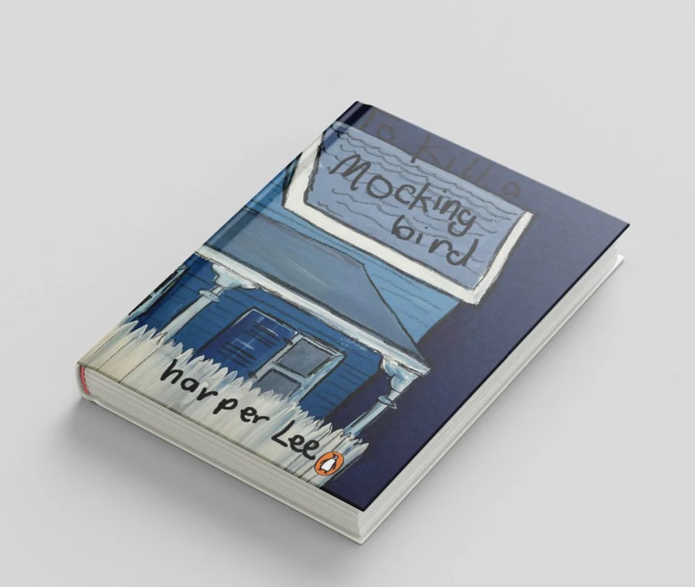 Book titled 'Mockingbird' by Harper Lee, with a blue illustration of a house on the cover.