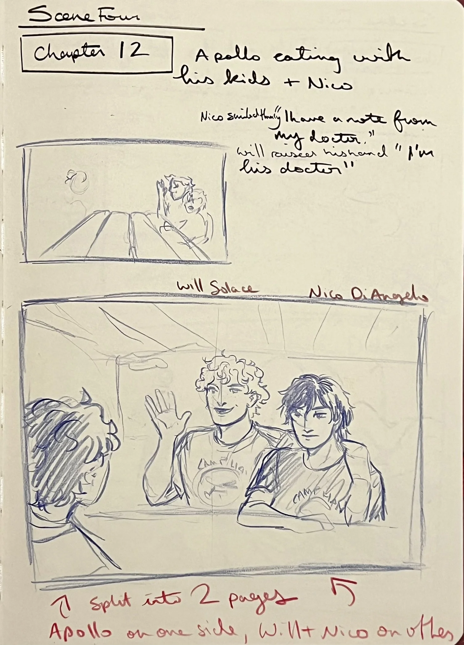 A hand-drawn storyboard with four panels. The first panel is a title that says "Scene Four" and "Chapter 12" with a note that reads "Apolo eating with his kids + Nico." The second panel shows a sketch of apolo playing a game, with a note mentioning N