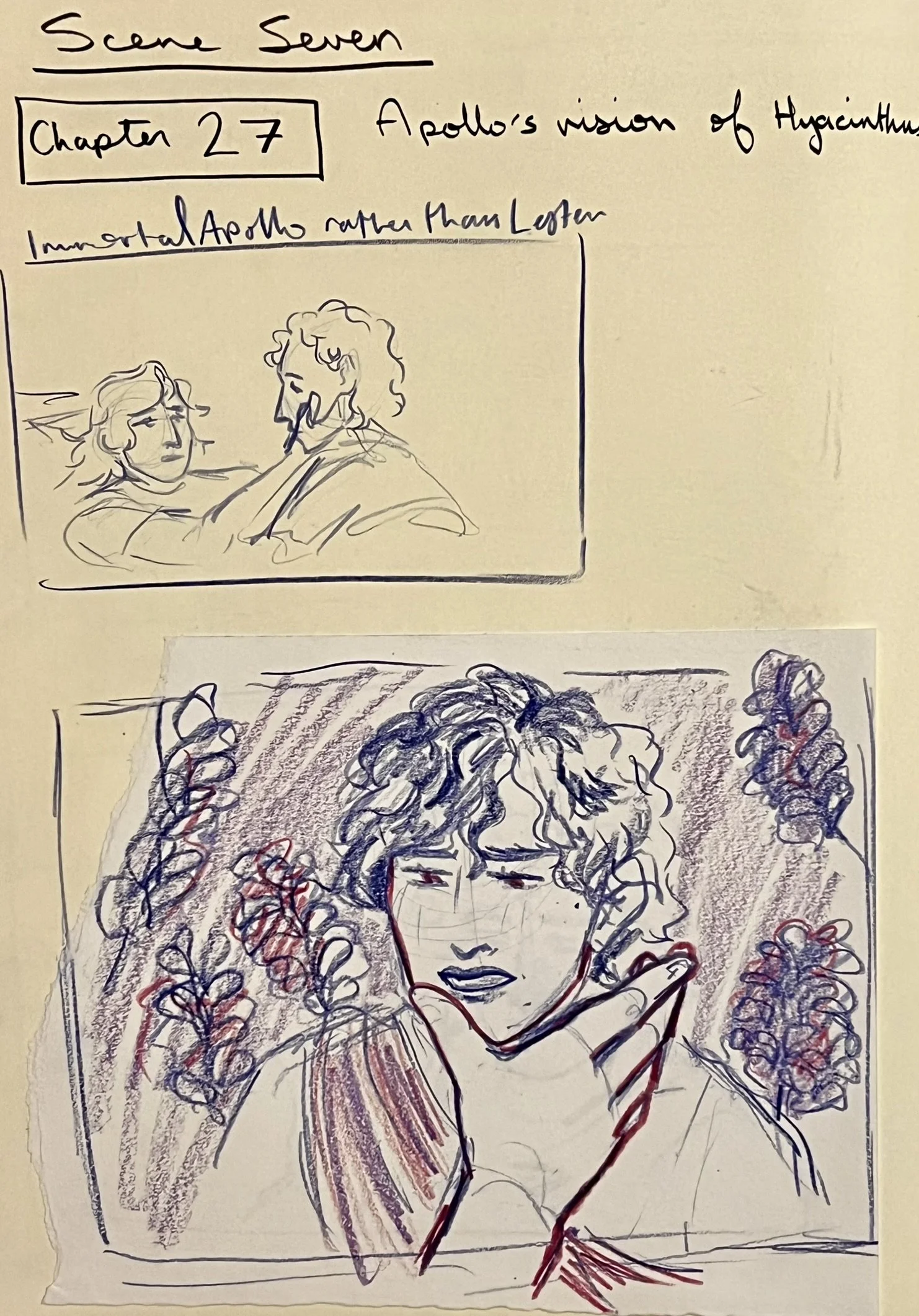 Two sketches, both depicting two men. The bottom one focusing on a man with dark curly hair with a hand reaching out to his face.