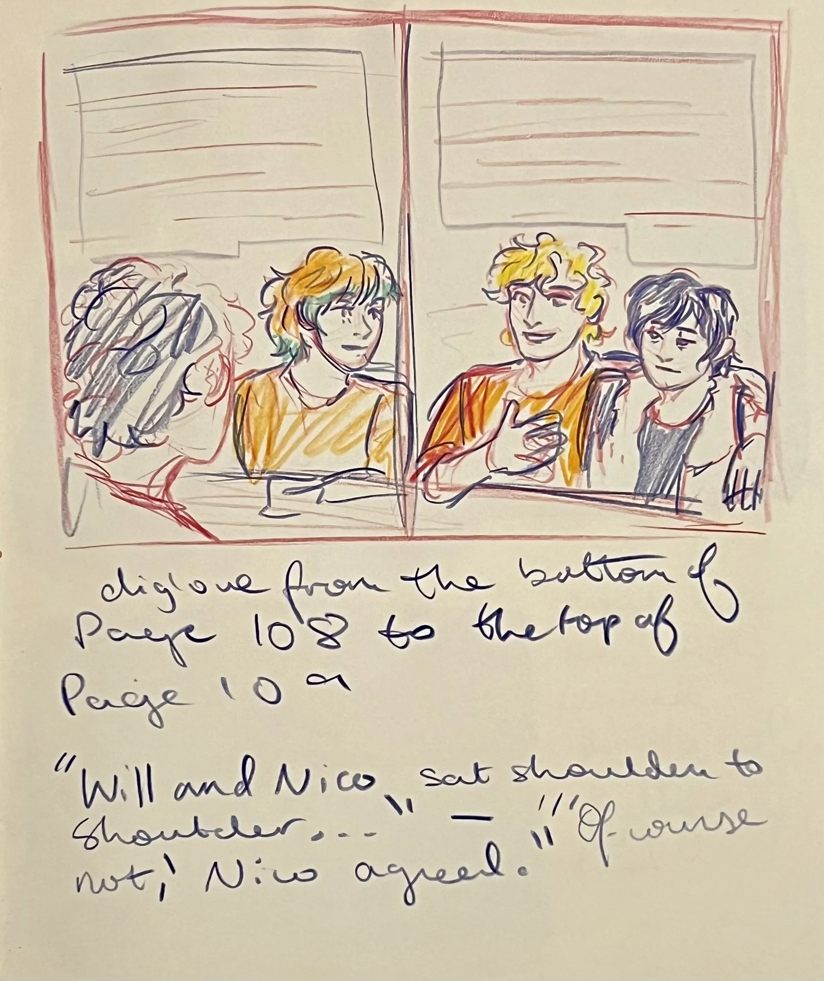 Hand-drawn sketch of four people sitting at a table, engaged in conversation, with speech bubbles above them. Handwritten notes below the sketch.
