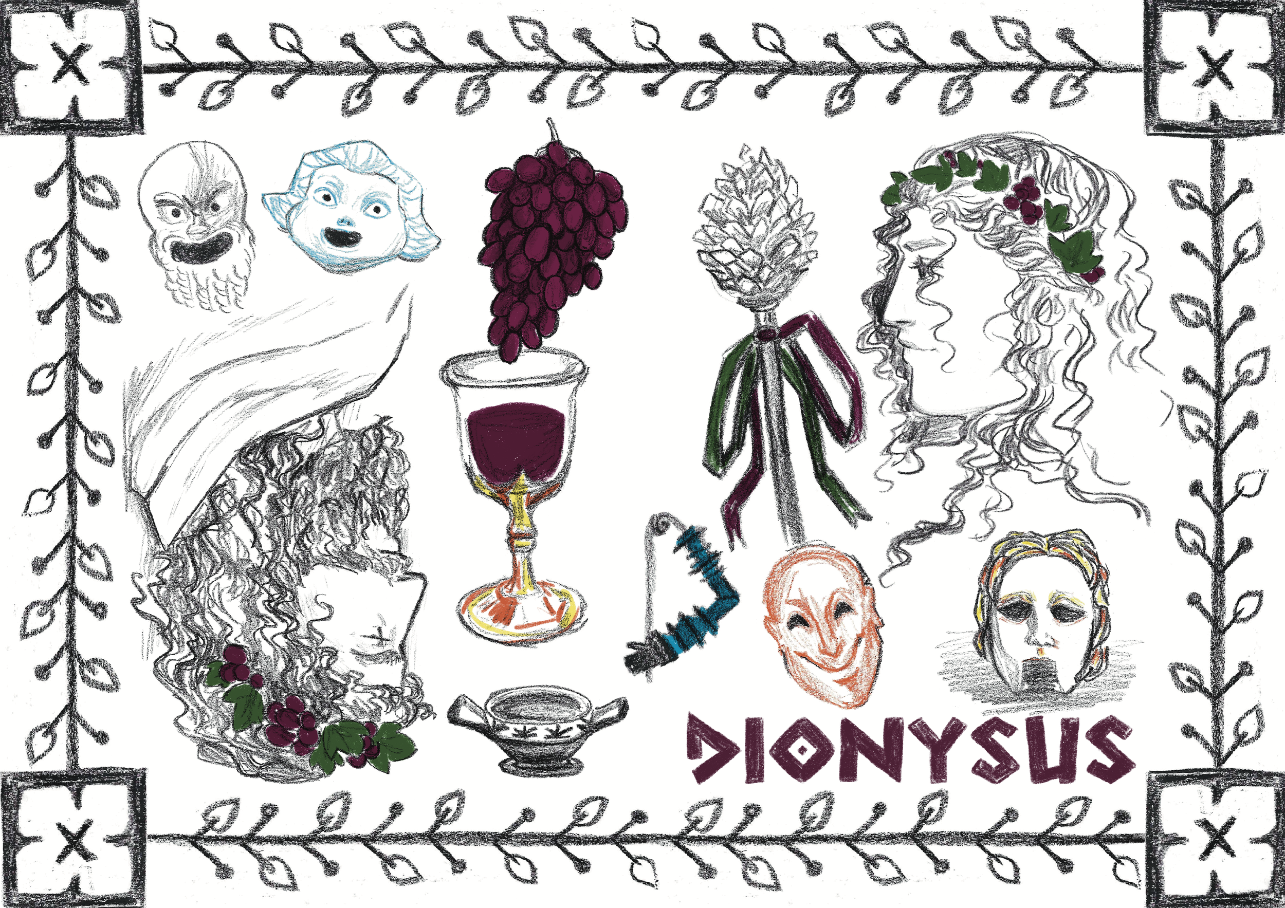 Sketch of various symbols and characters associated with Dionysus, including a vine border, grapes, masks, and a wine glass, with the text 'Dionysus' in stylized lettering.
