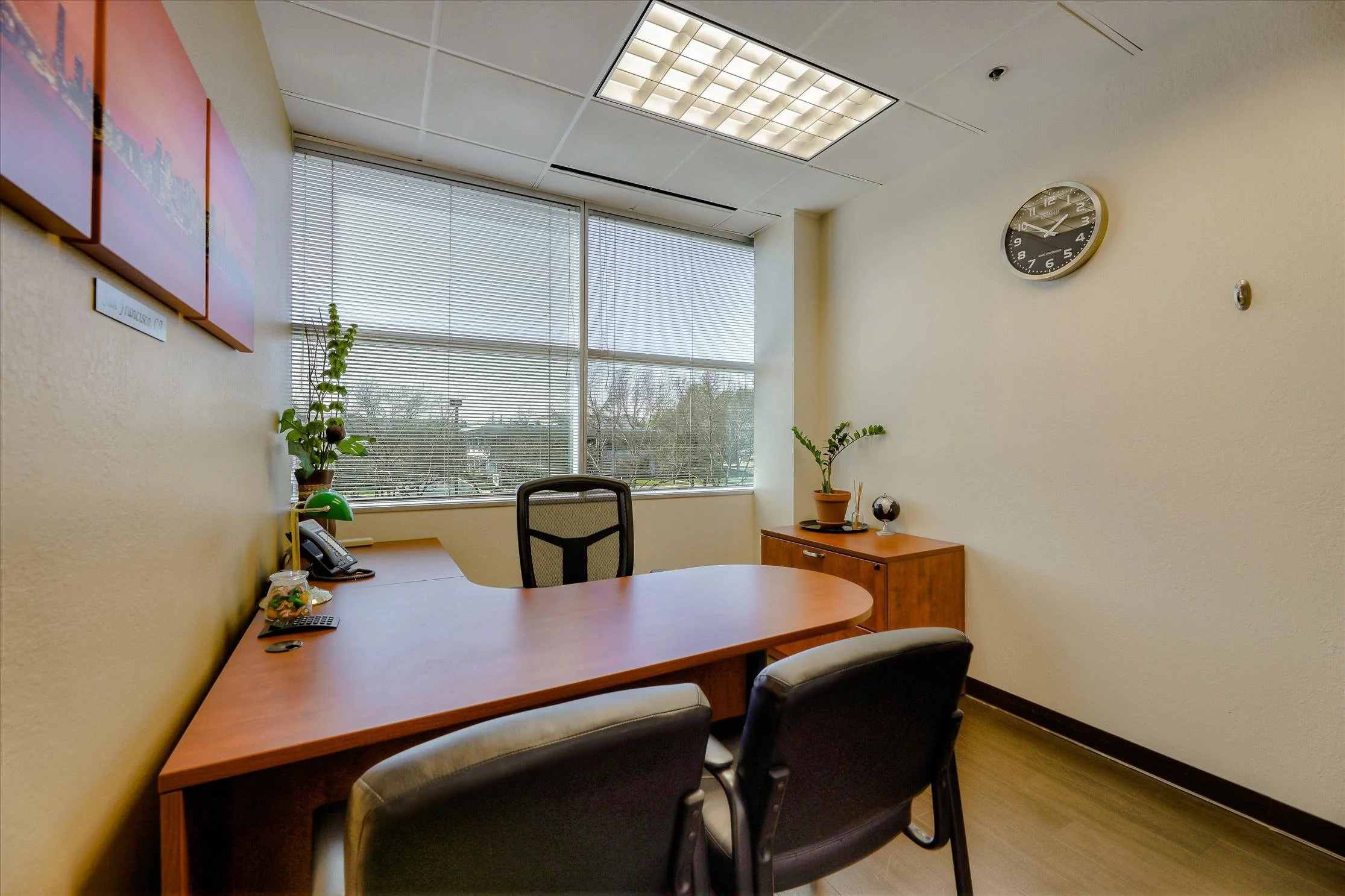 An office with a wooden desk, three black chairs, a filing cabinet, and decorative plants. Large windows with blinds let in natural light. A wall clock shows about 10:09, and artwork is displayed on the wall.