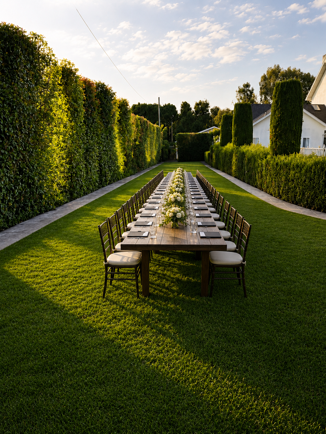 Long outdoor dining table decorated with white flowers, set with plates and glasses, in a lush green garden surrounded by tall hedges and trees.
