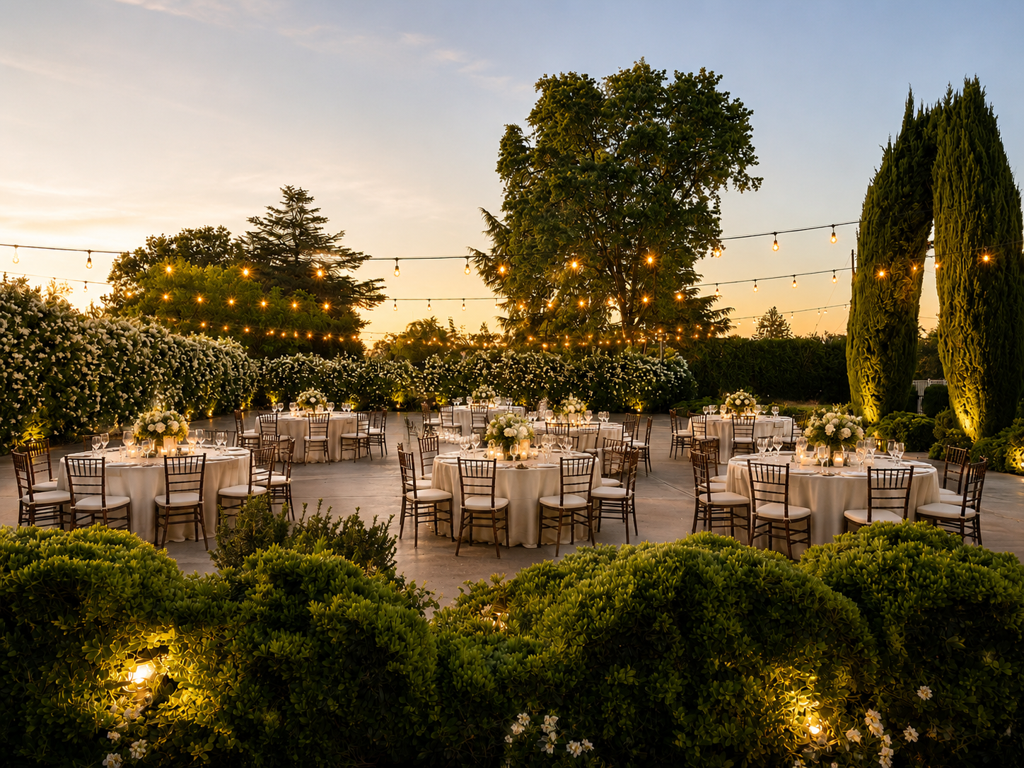 Outdoor celebration setup with round tables, white tablecloths, and floral centerpieces, surrounded by chairs, under string lights and tall trees at sunset.
