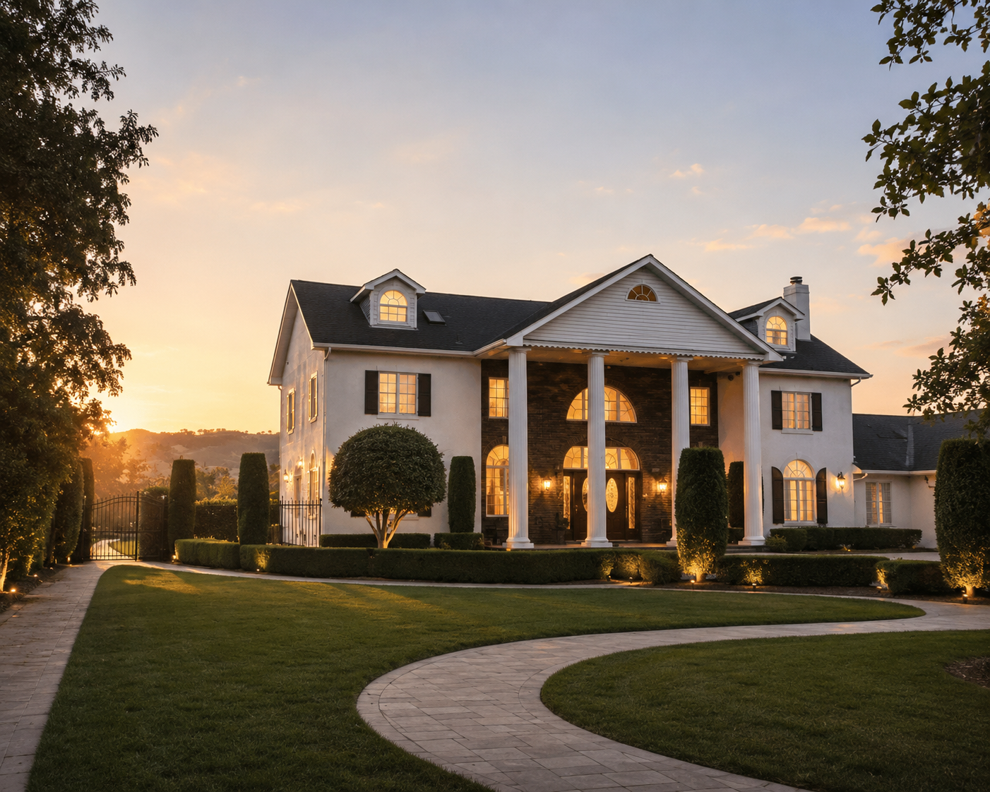 A large, elegant house with white siding and black shutters, illuminated by warm lights at sunset. It features tall white columns at the entrance and a well-manicured lawn with a curved stone pathway, surrounded by neatly trimmed bushes and trees.