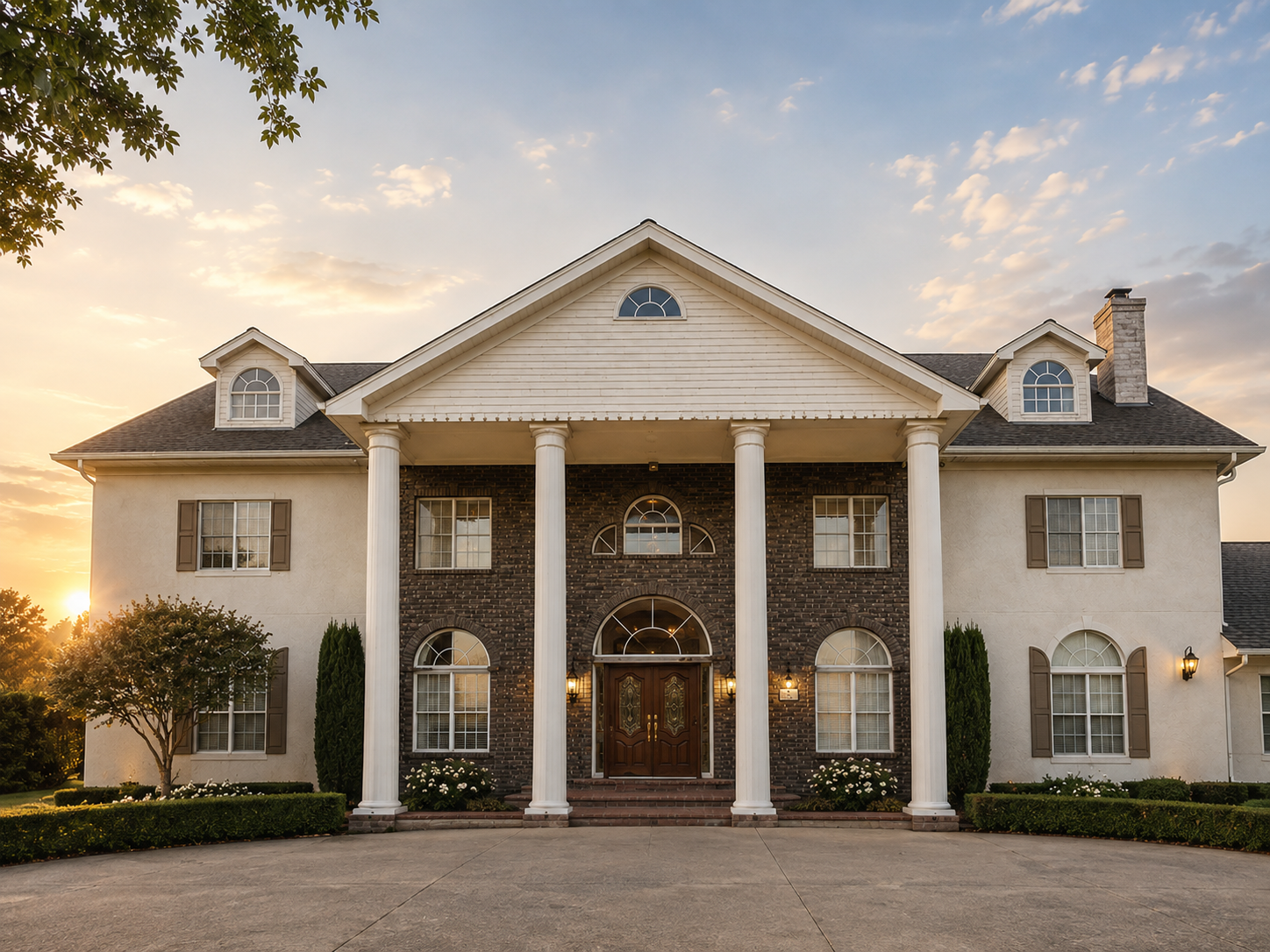 A large two-story house with a brick and beige exterior, white columns at the entrance, and multiple windows with shutters, at sunset.