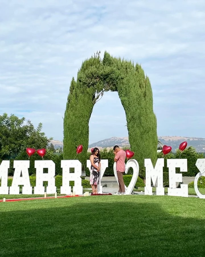 A couple stands in front of a large white 'WELCOME' sign with a heart shape in the middle, surrounded by red heart-shaped balloons. Behind them is a tall, arch-shaped green tree and a scenic landscape with distant hills and a blue sky with clouds.