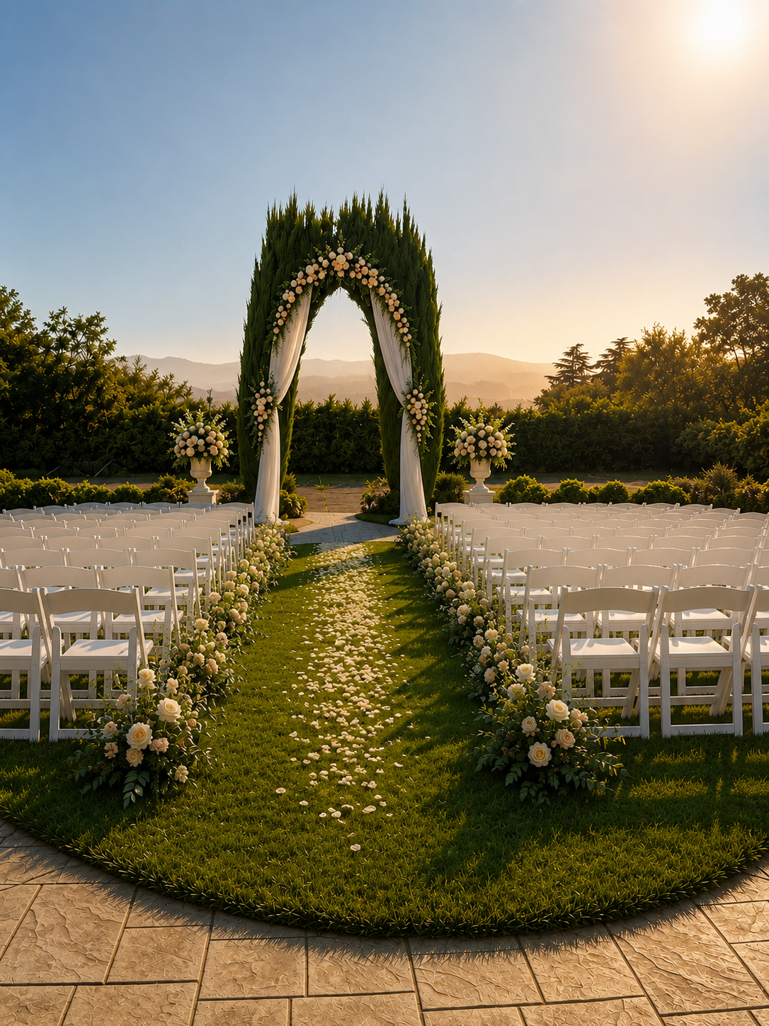 Outdoor wedding ceremony setup with rows of white chairs, floral decorations, and an arch with greenery and white flowers, on a grassy area during sunset.