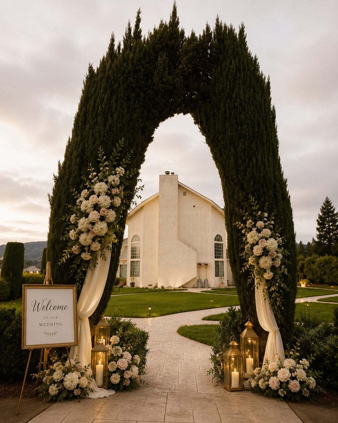 Wedding arch decorated with flowers and candles, leading to a white church building in the background.