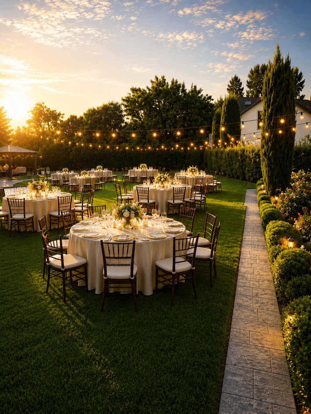 Outdoor wedding reception setup at sunset with round tables, floral centerpieces, chairs, string lights, and a grassy yard surrounded by trees and a hedge.