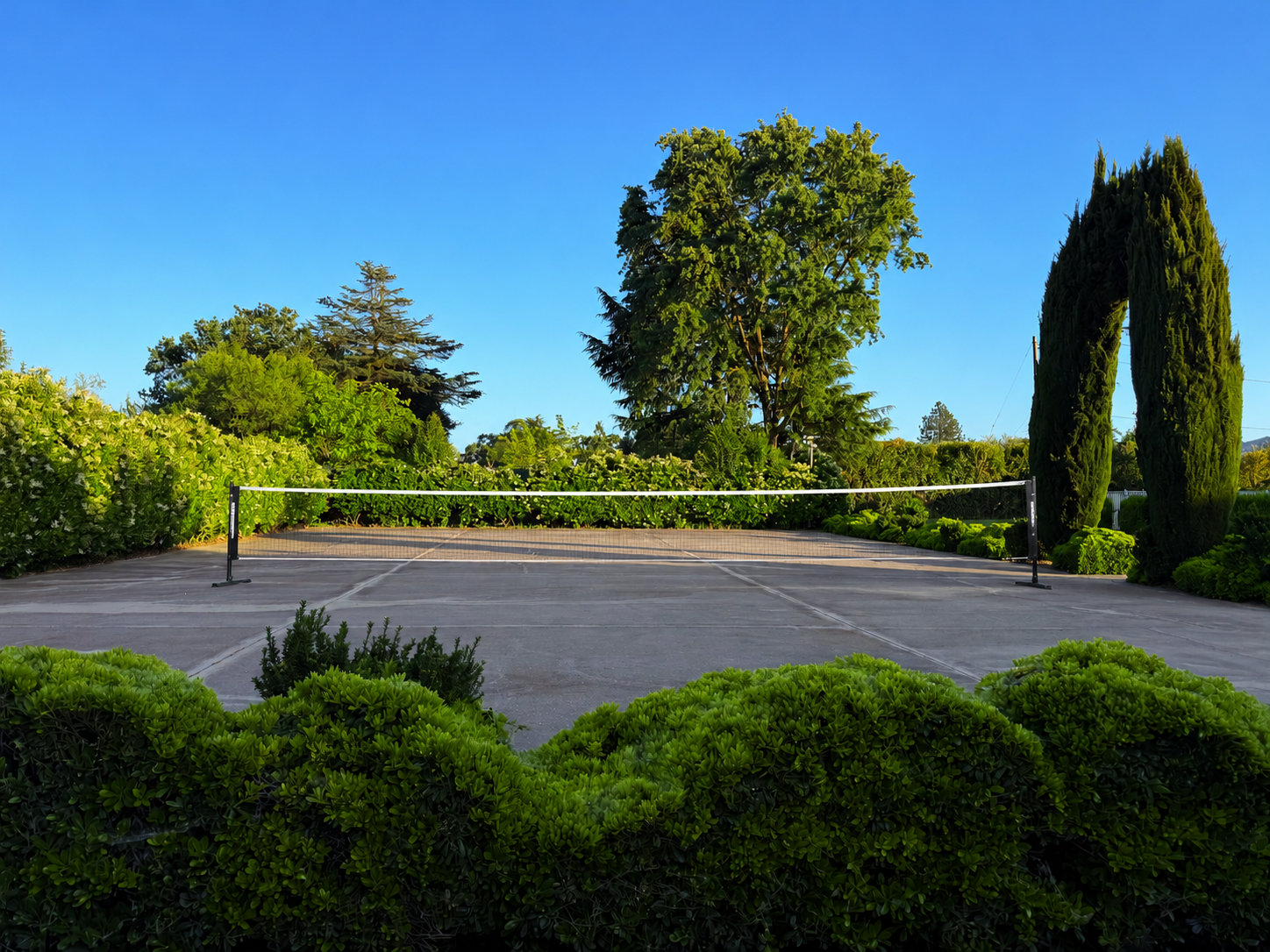 Empty outdoor tennis court with a net, surrounded by lush green bushes and tall trees under a clear blue sky.