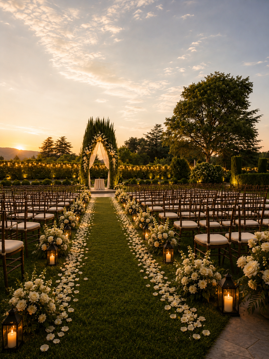 An outdoor wedding setup at sunset with rows of chairs, floral arrangements, lanterns, and a decorated archway for the ceremony.