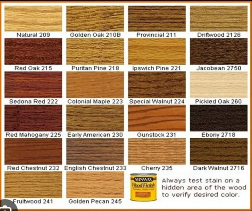 A wood stain color chart with 20 different wood stain options, each labeled with a name and number. There is a small can of Minwax Wood Finish stain at the bottom right corner, accompanied by text explaining to test stain on a hidden area to verify color.