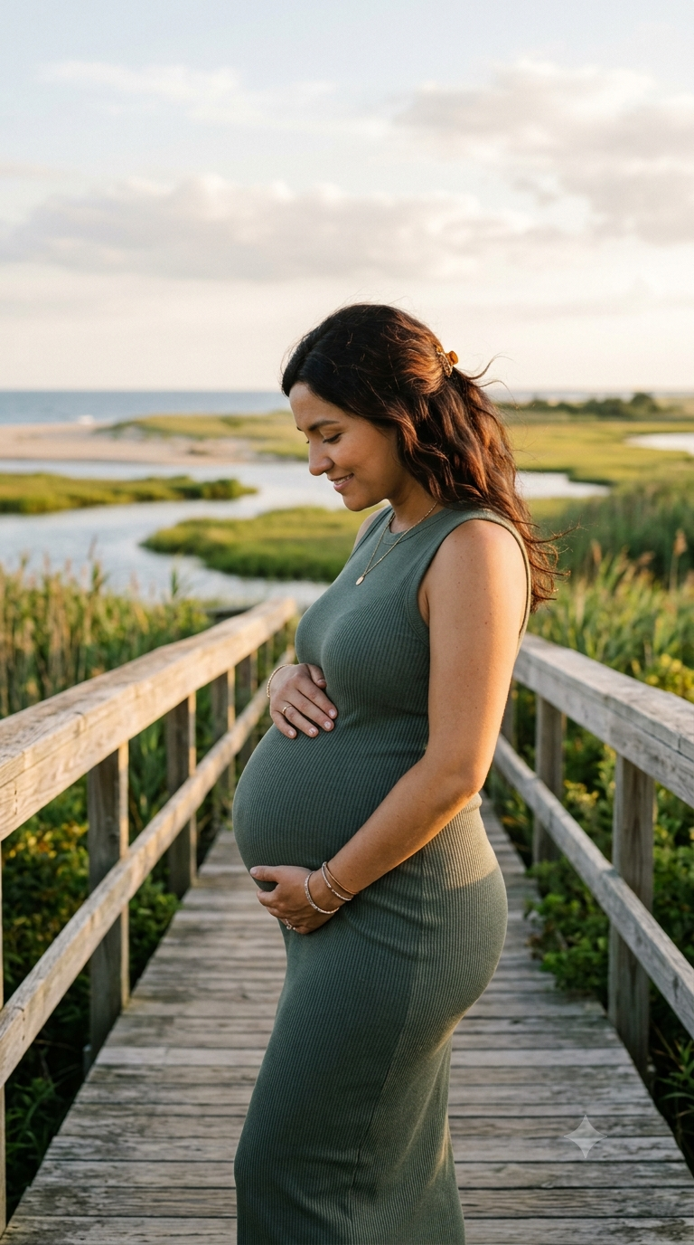 Pregnant woman standing on a wooden pathway near water and green landscape, looking down and smiling in the late afternoon or early evening.
