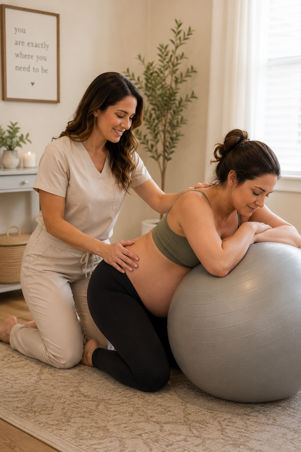 A pregnant woman receives a back massage from a female therapist in a cozy room decorated with plants and candles.