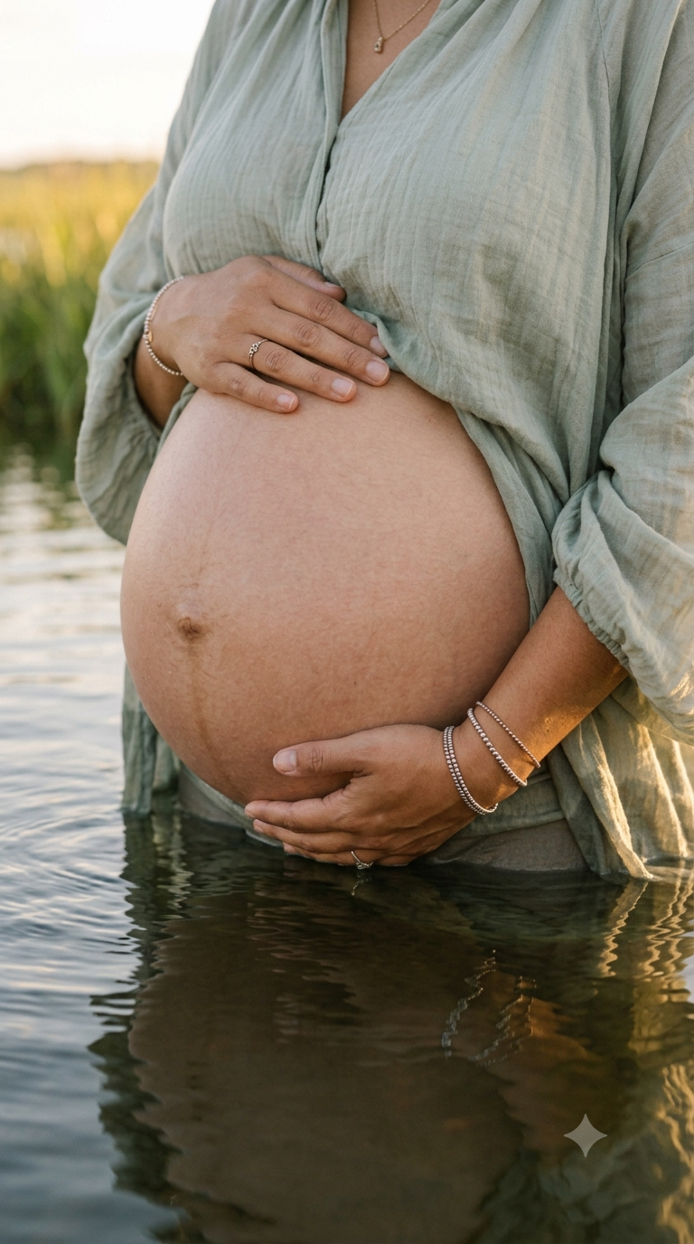 Pregnant woman with a large belly, wearing a light green top, standing waist-deep in water, holding her belly with both hands, wearing jewelry, during sunset or sunrise.