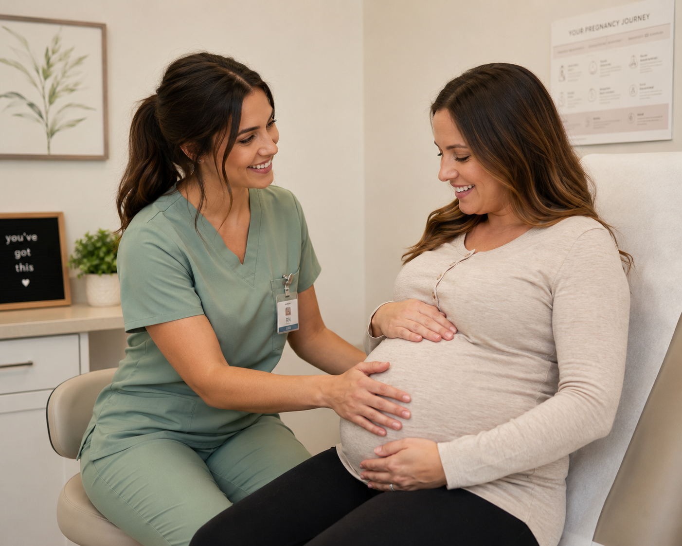 A pregnant woman sitting on a medical examination chair, smiling and touching her belly, as a healthcare professional in green scrubs gently holds her belly and looks at her with a caring expression in a medical office.