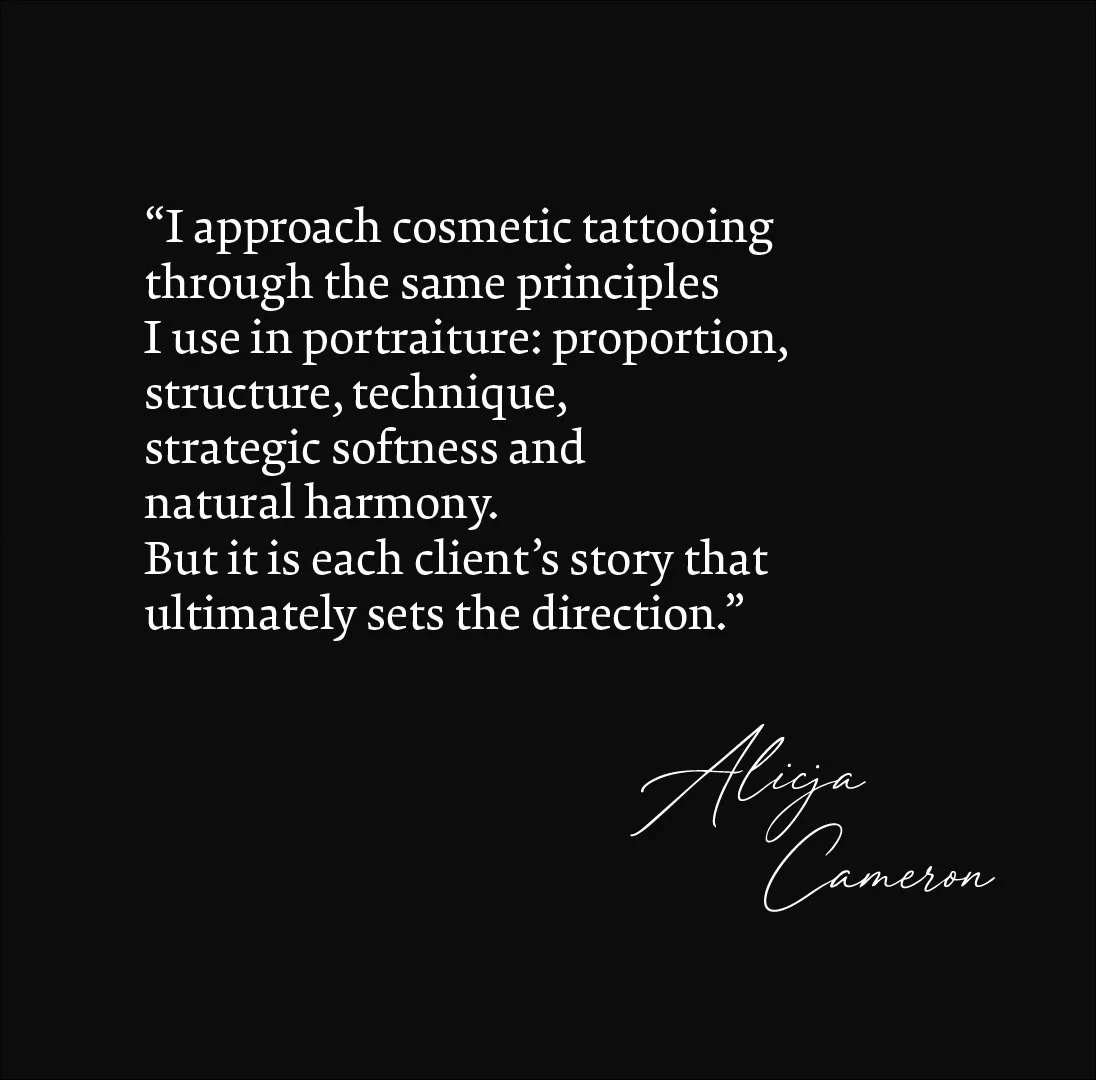 Quote about approach to cosmetic tattooing by Alicia Cameron on black background.