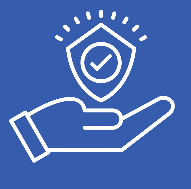 Outline of a hand with a shield and checkmark symbol above it, representing security or protection.