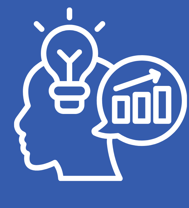 Outline of a human head with a light bulb above it and a speech bubble showing a bar graph with an upward arrow.