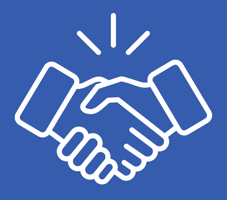 Line drawing of two hands shaking with lines above to symbolize agreement or partnership, on a blue background.