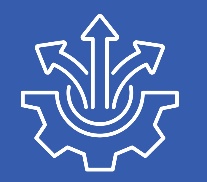 White gear with four arrows pointing outward against a blue background.