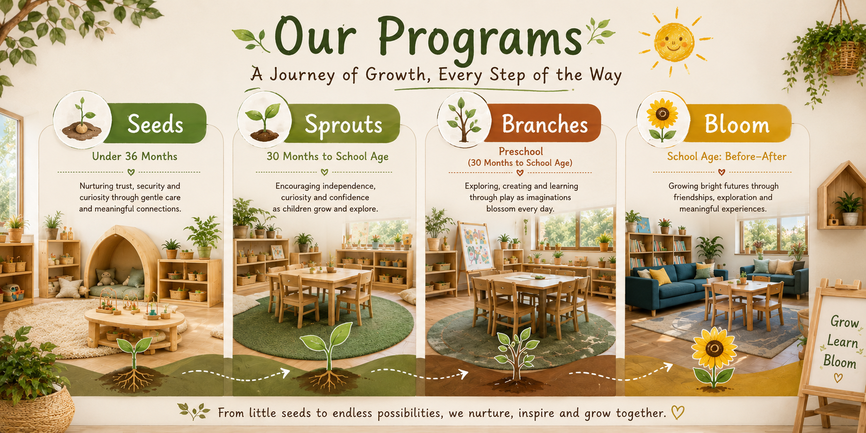 Educational poster displaying the stages of growth from seeds to bloom, with sections labeled Seeds, Sprouts, Branches, and Bloom, illustrated with pictures of a seed, sprout, tree branch, and blooming flower, along with descriptions of each stage.