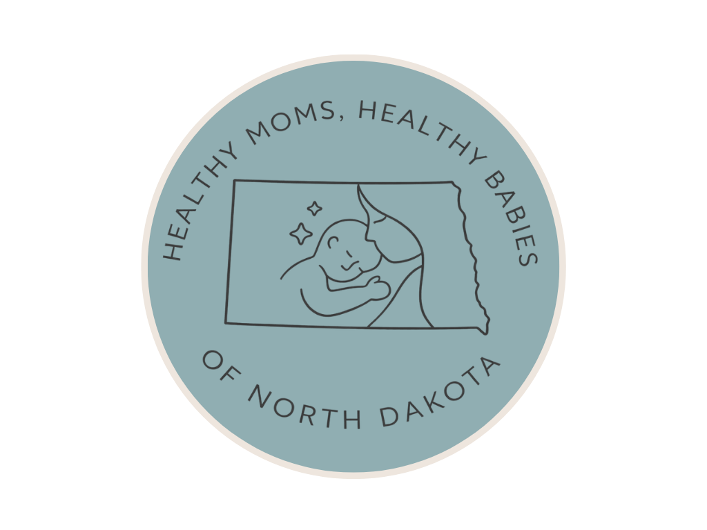 A circular logo with a light blue background featuring an outline of North Dakota. Inside the outline, there's a simple line drawing of a mother and baby, with stars around the baby. The text around the circle reads, "Healthy Moms, Healthy Babies of North Dakota."