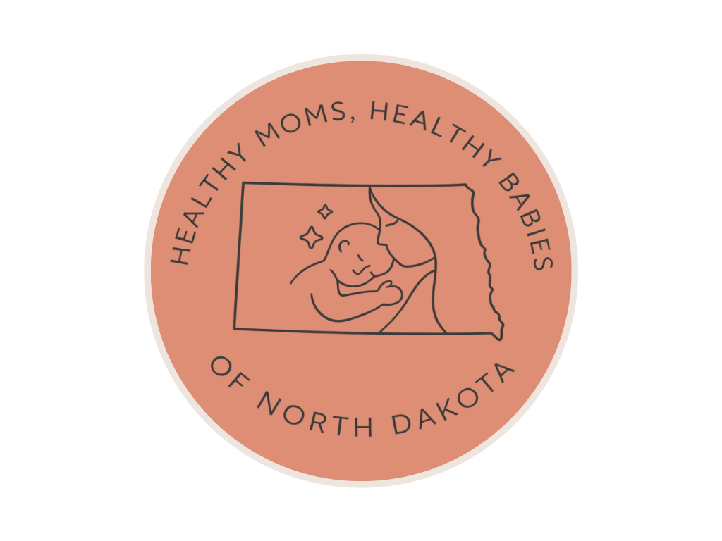 Circular badge with a peach background, featuring a line drawing of a mother breastfeeding her baby inside the outline of North Dakota. The text around the edge reads 'Healthy Moms, Healthy Babies of North Dakota'.