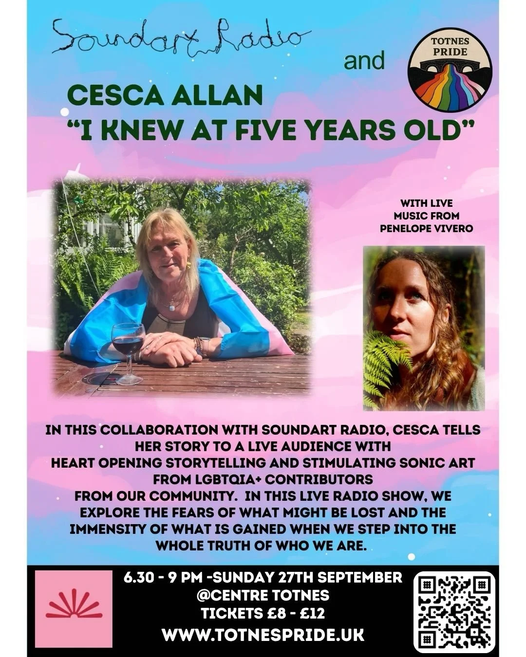 A wonderful collaboration between Cesca Allan, our lgbtq+ community , Soundart and Centre with live music Penelope Vivero. This will be very special ! 

🏳️&zwj;🌈🏳️&zwj;⚧️#queerjoy #communityradio #wehavealwaysbeenhere