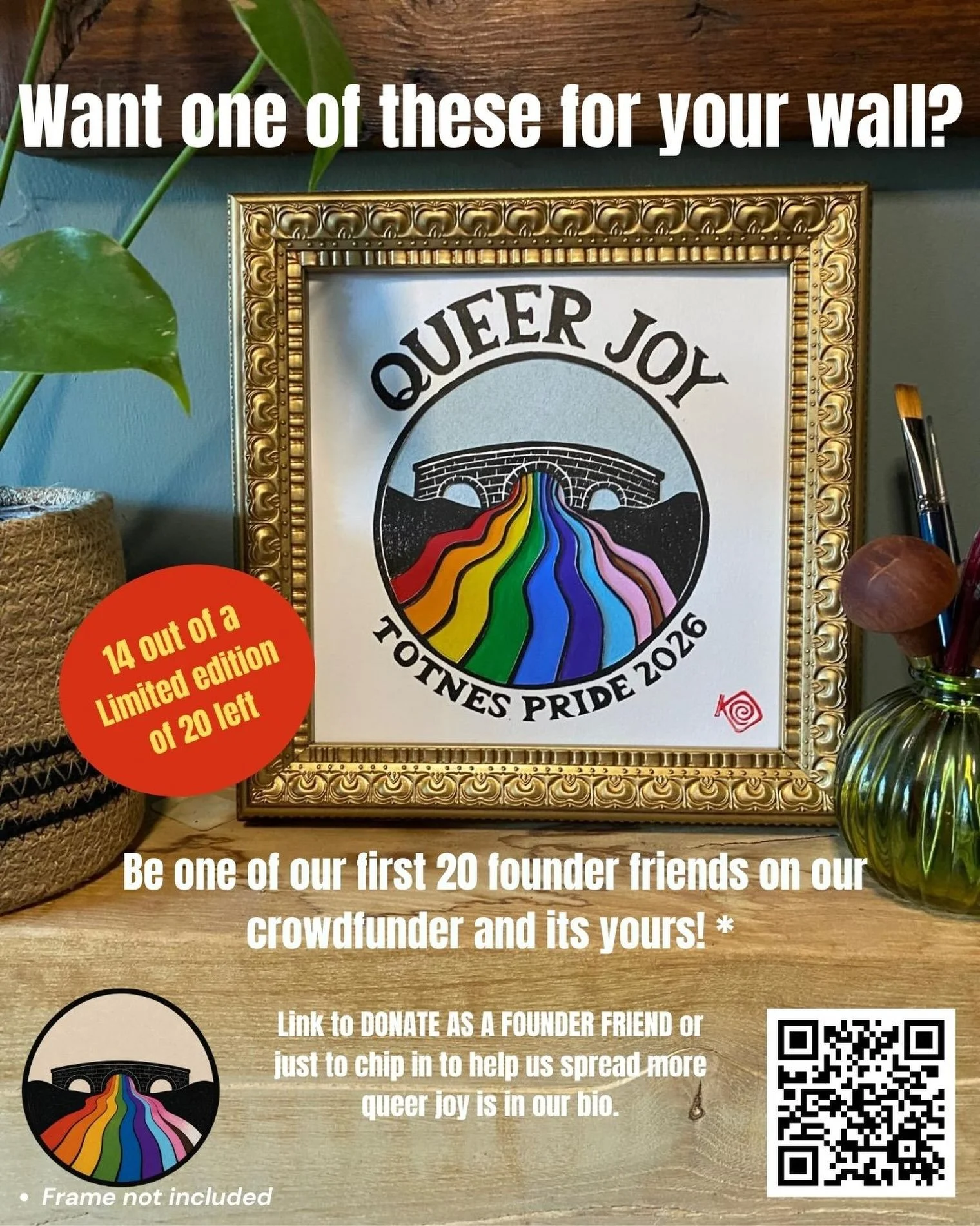 Created especially for Totnes Pride 26 by local artist @kathgrimshawlino , only 20 of these hand painted original Lino prints will ever exist . Go to our bio or website to donate as a &ldquo; founder friend &ldquo; , make sure you claim your gift , a