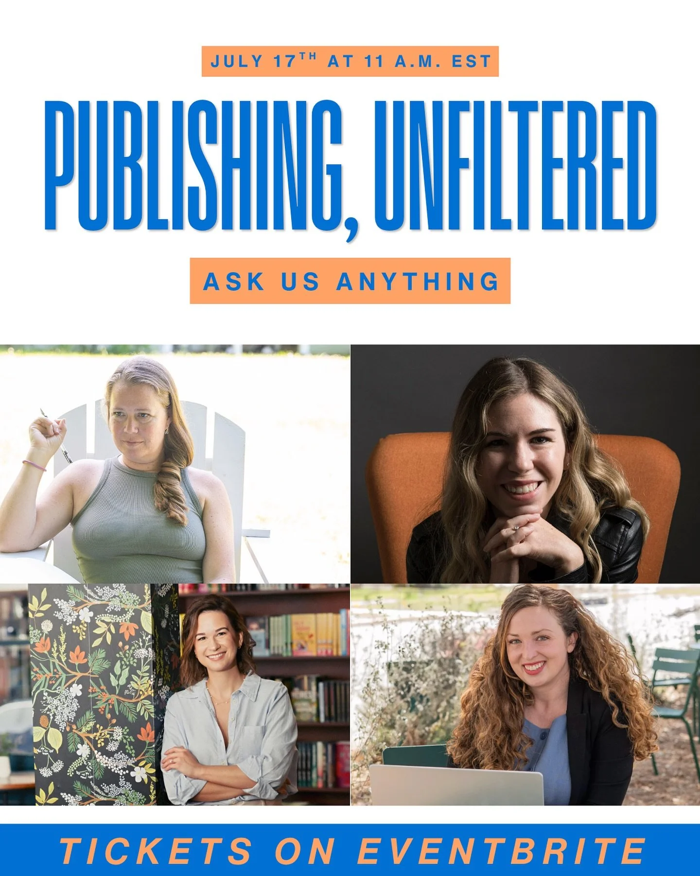 Traditional, hybrid, and self-publishing: we&rsquo;ve done it all, and now we&rsquo;re sharing the lessons learned with you. 

Join me and three of my favorite colleagues for a candid, audience-led discussion about all things publishing. 

Friday, Ju